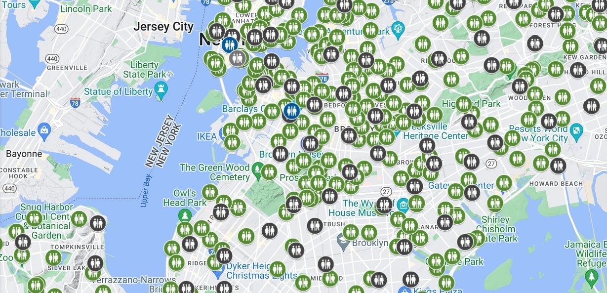 New York City's Google Maps layer shows the location of 1,000 public bathrooms in the five boroughs - New York City creates a Google Maps layer to fix the Big Apple's bathroom issue