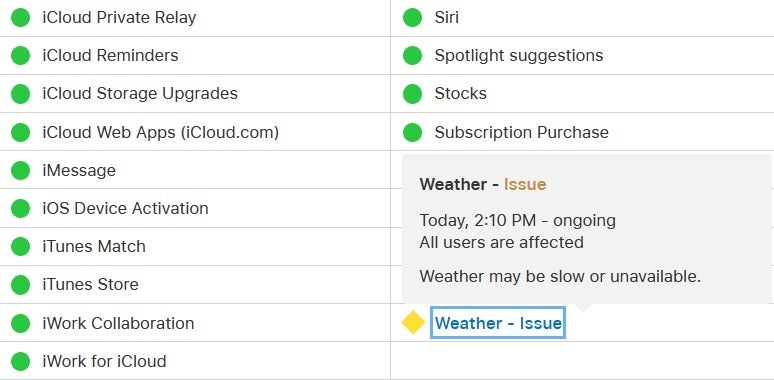 Apple&#039;s System Status page notes that the Weather app has been out for hours - The Apple Weather app is under the weather