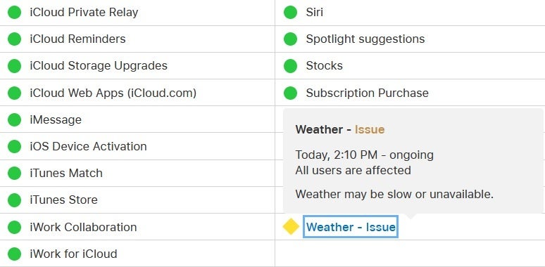 Apple's System Status page notes that the Weather app has been out for hours - The Apple Weather app is under the weather