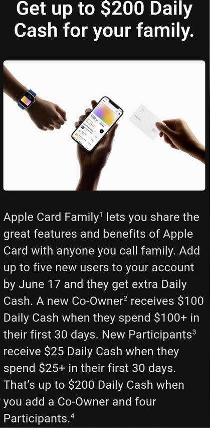 Apple Card account holders should watch out for this promo inside the Wallet app on their iPhone - Family members joining existing Apple Card account can get up to $200 total from Apple
