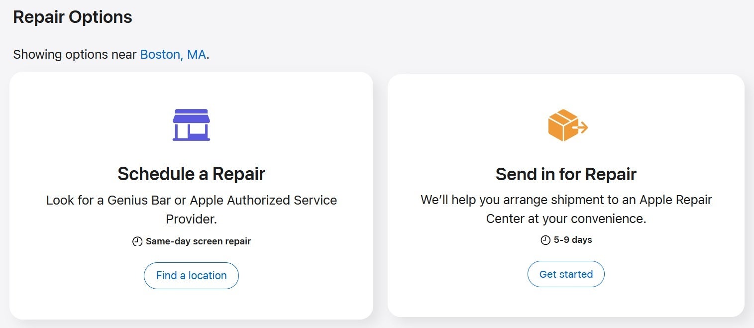 Select from your repair options from the iPhone screen repair support page - Apple makes big change to iPhone and Apple Watch warranties making you pay for this damage