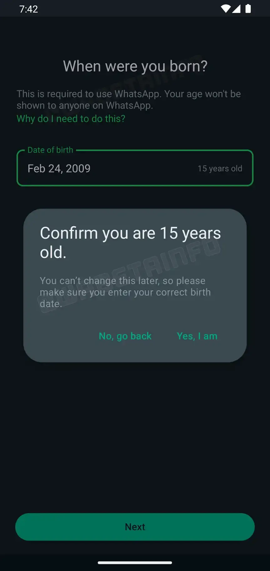 Here&#039;s how the prompt may look like when released publicly (Image Source - WABetaInfo) - WhatsApp might soon start asking you for your birth year