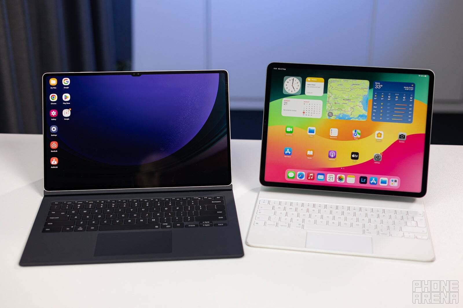 We could argue that the Samsung Galaxy Tab S9 Ultra (left) does the whole computer thing way better, and Apple is pressured to play catch-up (Image credit - PhoneArena) - Is Apple finally afraid of the competition? Unusual moves: folding MacBooks, iPhones, AR/VR headset, PC-like iPad