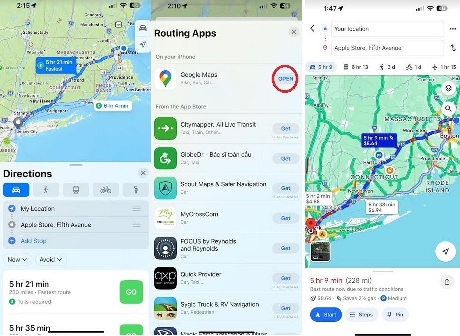 Without having to retype the destination, you can compare directions suggested by Apple Maps to those chosen by Google Maps - Little known feature quickly compares Apple Maps route with one created by Google Maps