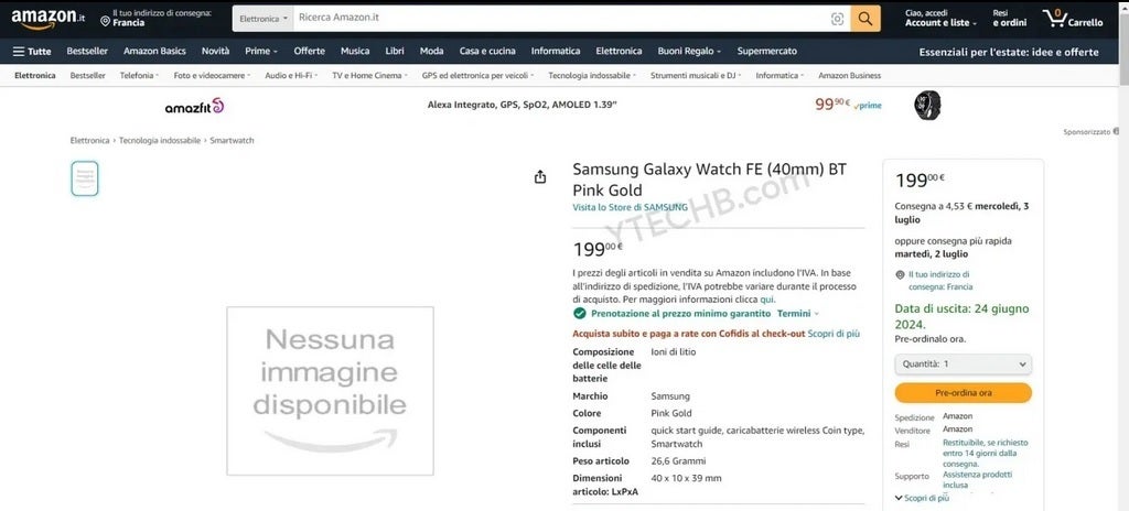 Amazon Italy leaks the listing for the Samsung Galaxy Watch FE - Galaxy Watch FE listing is accidentally posted on Amazon&#039;s Italian website