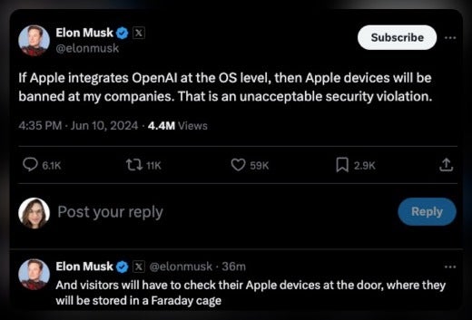 Elon Musk threatens Apple ban in his companies over ChatGPT / OpenAI integration in iOS 18