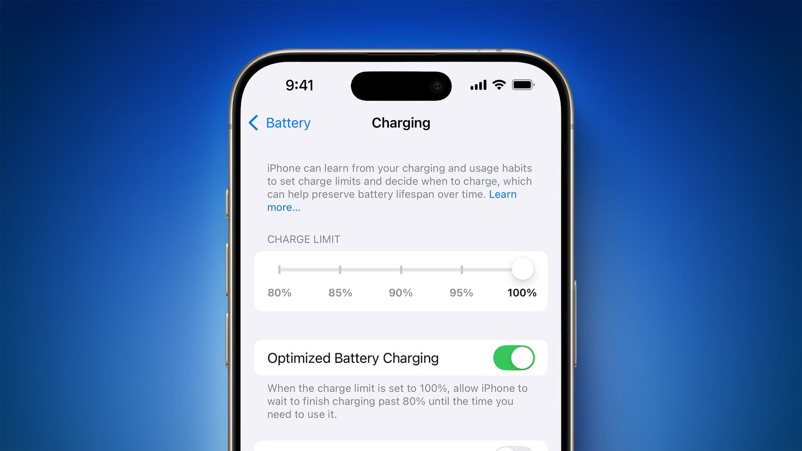 Here's how the option will look like (Image Source - MacRumors) - iOS 18 to add more charging limit options to iPhone 15 models