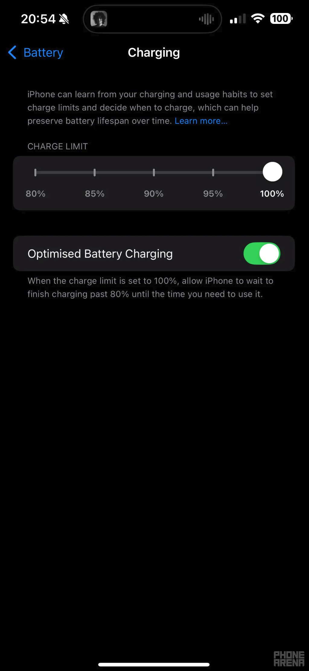 Here&#039;s how the option will look like. Unfortunately, it cannot be used on an iPhone 13 Pro Max as seen here (Image Source - PhoneArena) - iOS 18 to add more charging limit options to iPhone 15 models