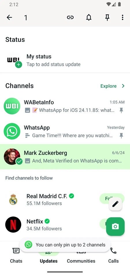 WhatsApp testing the ability to pin up to two channels