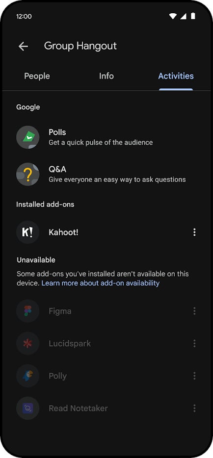 Add-ons can be found in the Activity panel, Credits - Google - Google Meet add-ons are coming to Android devices