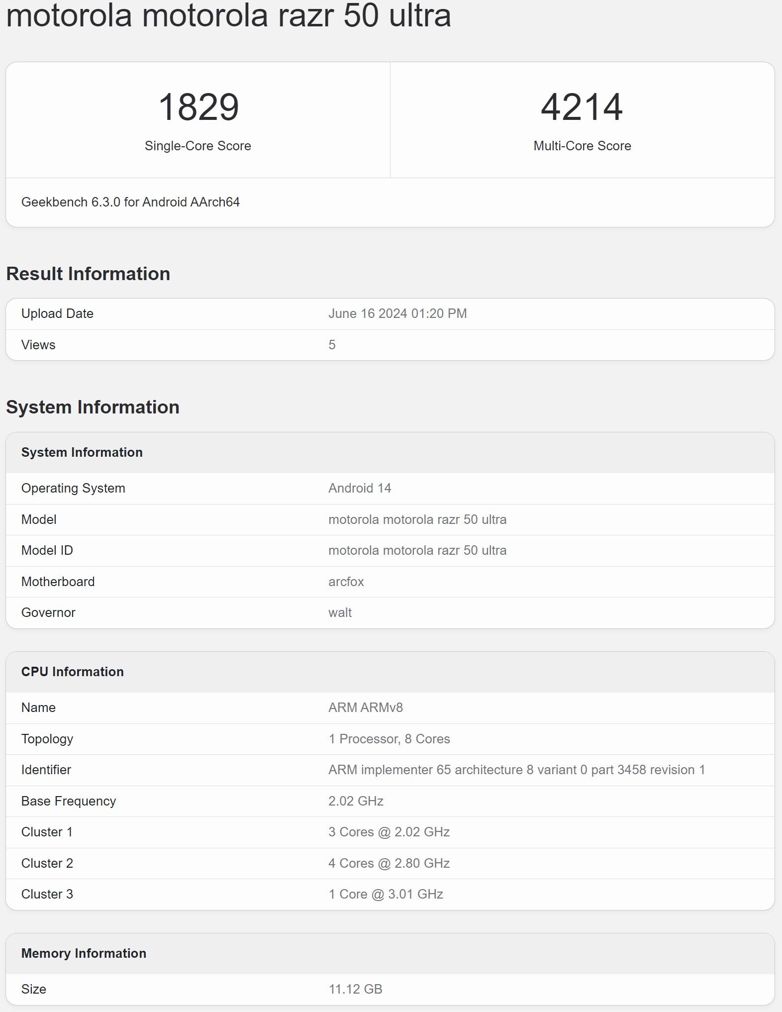 2024 Razr benchmark score (screenshot - Geekbench - Motorola Razr Plus 2024 processor benchmarked ahead of release as it leaks in peach