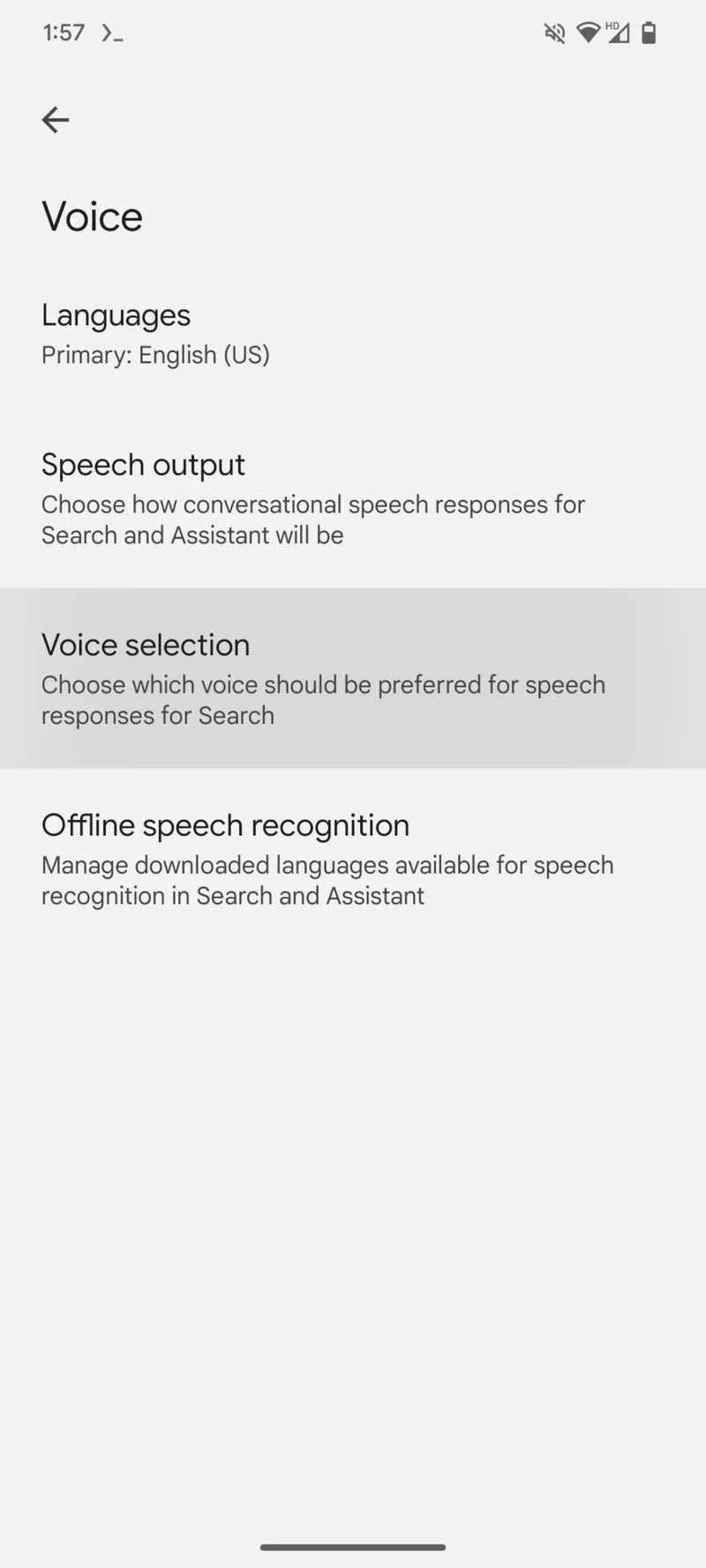 You can see a new Voice selection option in the beta version of the Google app – Android Authority/Assemble Debug