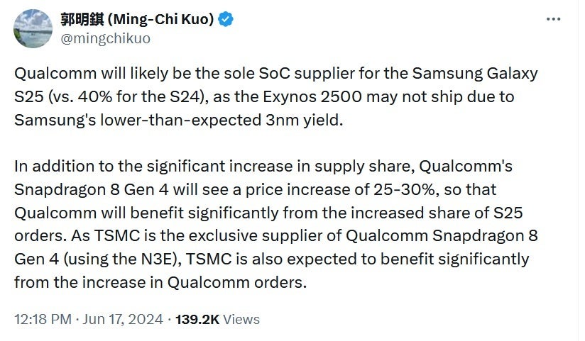 Samsung might use the Snaopdragon 8 Gen 4 AP on all Galaxy S25 models says Ming-Chi Kuo - Manufacturing issue means no Exynos APs will be used on the Galaxy S25 series