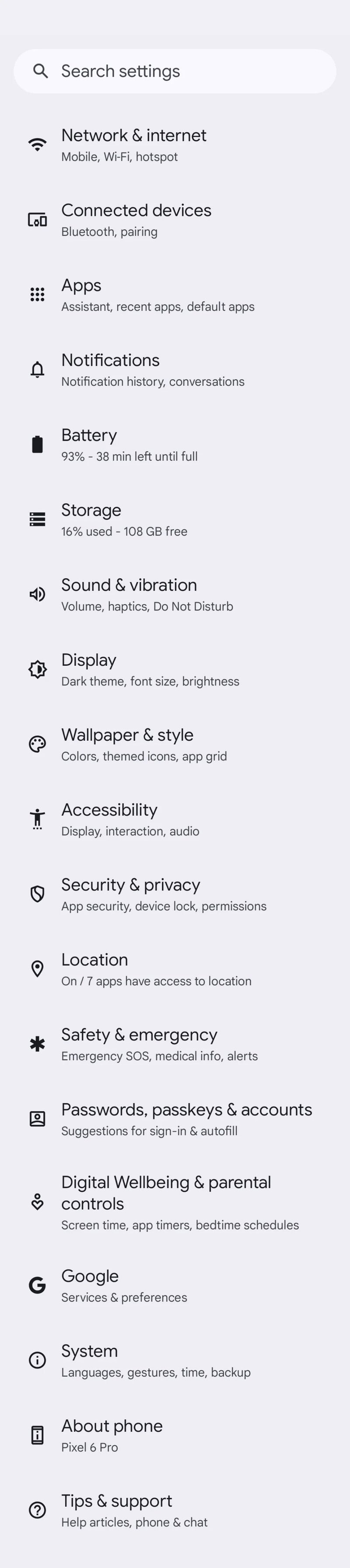 Main settings in Android 14 | Image credit- Android Authority