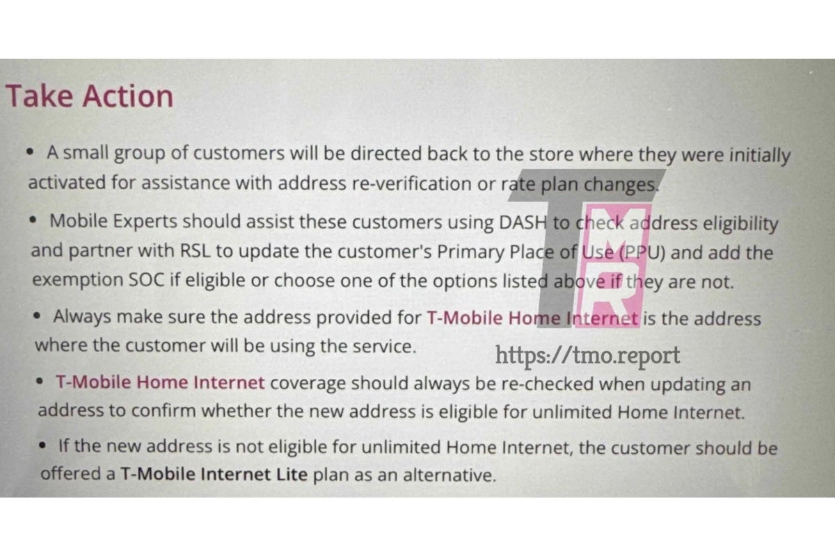 These are some of the internal instructions given to employees expected to handle home address verifications. - After delay, T-Mobile&#039;s unwelcome Home Internet change is going into effect