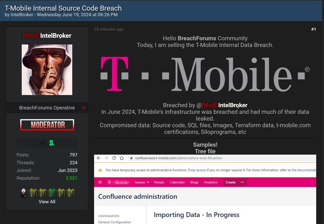 Threat actor IntelBroker claims to have breached T-Mobile's infrastructure this month. Image credit-Bleeping Computer - T-Mobile denies that its systems have been compromised, says no customer data has been stolen