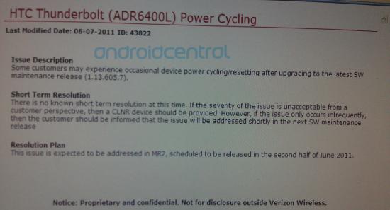 This leaked internal Verizon memo lays out the options owners of the HTC ThunderBolt have if their handset is randomly rebooting - Verizon preparing update to repair rebooting issue on the HTC ThunderBolt