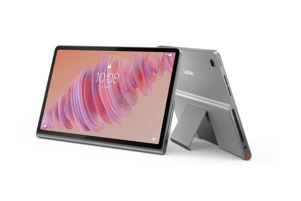 Lenovo&#039;s newest mid-range Android tablet comes with a somewhat unorthodox built-in kickstand. | Image Credit -- Lenovo - The newly unveiled Lenovo Tab Plus destroys the Pixel Tablet with towering speaker power