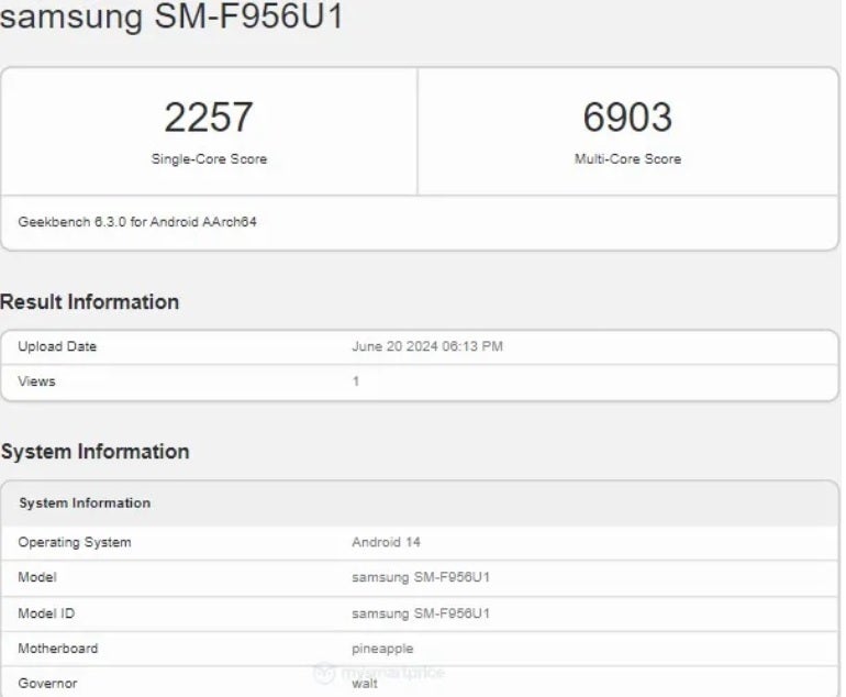 The unlocked U.S. carrier version of the Galaxy Z Fold 6 is benchmarked. Image credit-MySmartPrice - U.S. variant of the Galaxy Z Fold 6 gets benchmarked