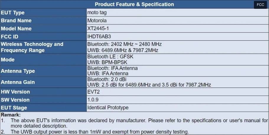 The Moto Tag is certified by the FCC. Image credit-Android Authority - Motorola's Moto Tag item tracker gets FCC certification, supports Bluetooth LE and UWB