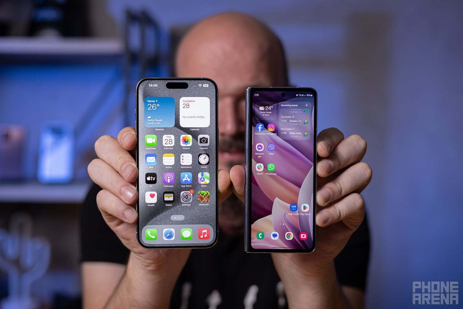 iPhone 15 Pro Max (left) and Galaxy Z Fold 5 (right) | Image credit - PhoneArena - 3 things Samsung is still stubborn about in 2024 (including the Galaxy Z Fold 6)