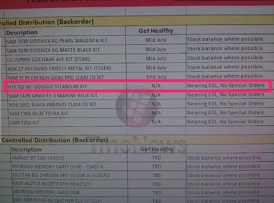 This screenshot of T-Mobile;s inventory says that the T-Mobile G2 will soon be &#039;EOL&#039; - T-Mobile G2 replacement units are coming back with Gingerbread aboard