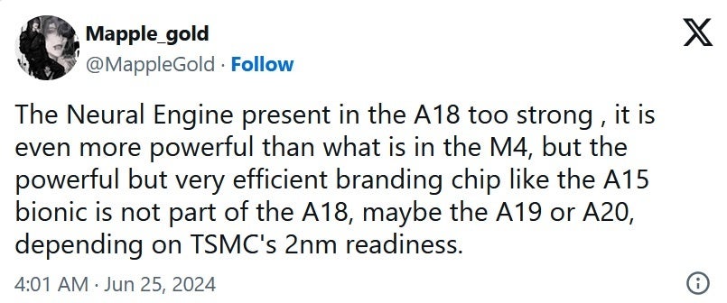 Tweet about the A18's Neural Engine posted by computer engineer MappleGold - Apple's A18 and A18 Pro APs will feature a more powerful Neural Engine than the one in the M4
