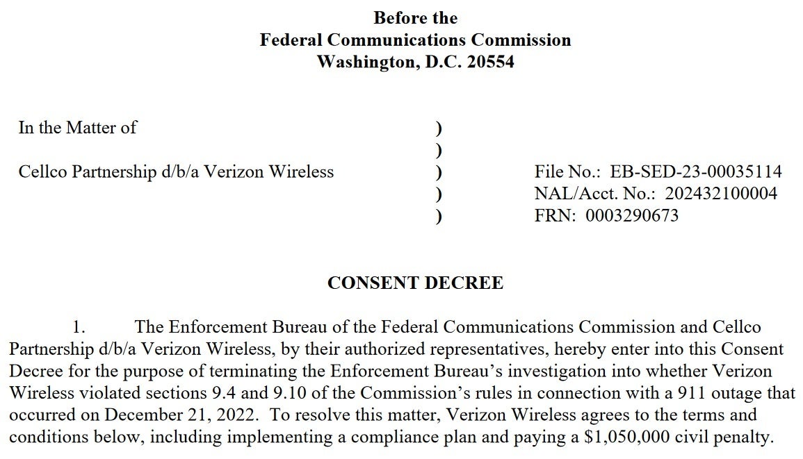 Verizon agreed to pay over $1 million and implement a compliance plan because of an outage that left 911 calls unanswered in December 2022 - Verizon agrees to pay a stiff fine after causing a 911 outage in six states
