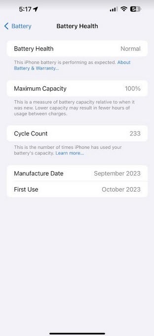 Battery Health metrics for the original battery powering an iPhone 15 Pro Max - Apple to give better support to third-party iPhone screens and batteries later this year