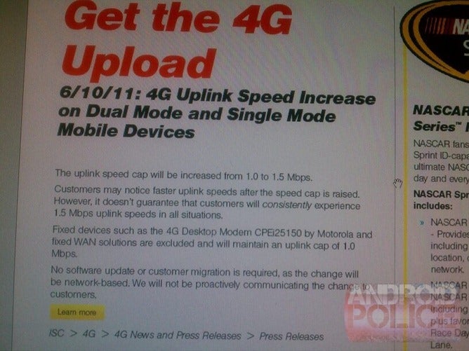 This internal Sprint communications says that the carrier's 4G upload speed cap will rise 50% on June 10th - Sprint said to be raising 4G upload speed cap on phones to 1.5 Mbps