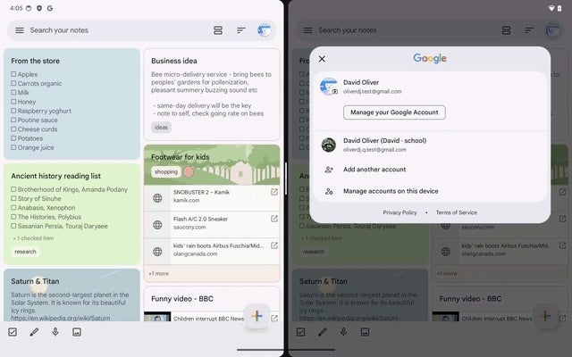 Google Keep now supports using two accounts side by side on Android tablets and foldables