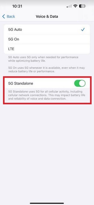 If your iPhone is on T-Mobile, make sure you have 5G Standalone toggled on - For the best 5G experience, iPhone users on T-Mobile need to make sure this 5G setting is turned on
