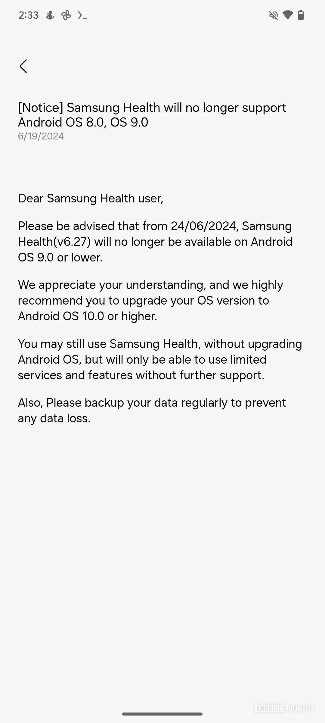 The Samsung Health on Android 9 deprecation message | Image credit – AA"&nbsp - Samsung pulls Health app support from its older phones