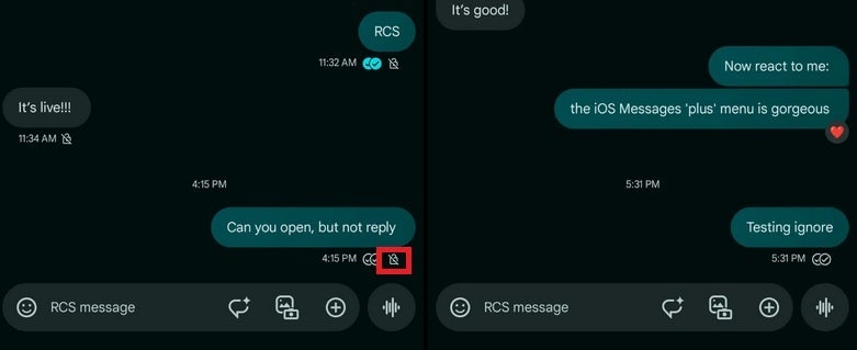 In the red box on the left is the &#039;no end-to-end encryption&#039; icon which is removed on the right|Image credit-9to5Mac - Special Google Messages icon for iOS-Android RCS chats has been removed
