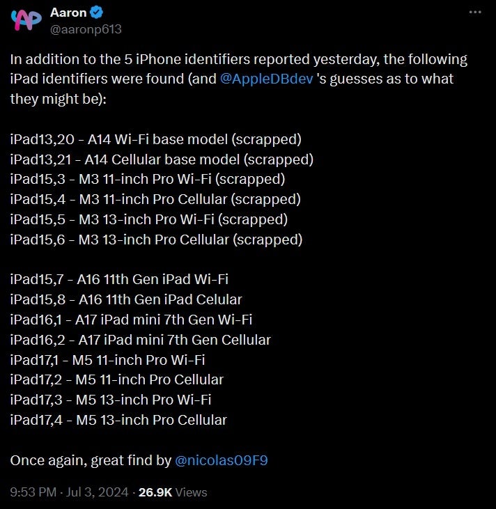 Tweet reveals identifiers for scrapped and upcoming iPad models|Image credit-@aaronp613 - Apple seemingly leaks upcoming iPad models