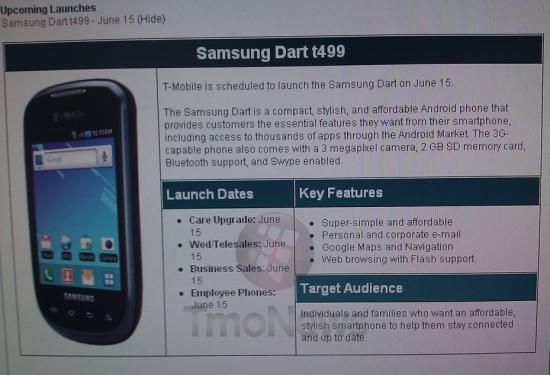 This internal T-Mobile document says that the mid-range Samsung Dart is coming on June 15th - T-Mobile to offer the mid-range Samsung Dart on June 15th