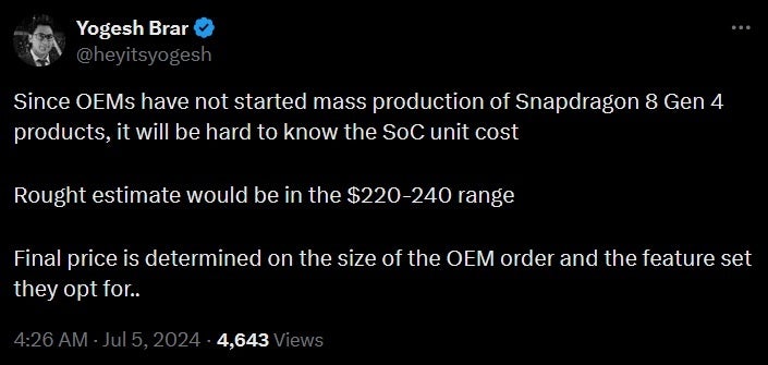 Leaker Brar estimates a $220-$240 price range for the Snapdragon 8 Gen 4|Image credit-@heyitsyogesh - Snapdragon 8 Gen 4 orders have yet to surface raising questions about pricing