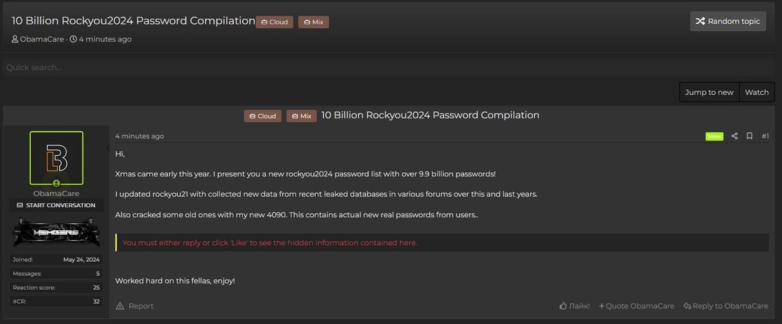 On a hacker forum, an attacker announces that he has posted a file containing almost 10 billion passwords | Image credit-Cybernews - You may want to change all your passwords after this record breach was announced