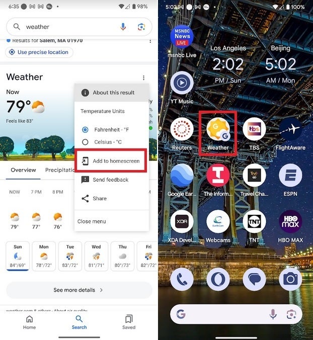 At left, how to add the Google Weather shortcut to your home screen; on the right, the shortcut appears|Image credit-PhoneArena - Google Weather improves its ten-day weather forecast