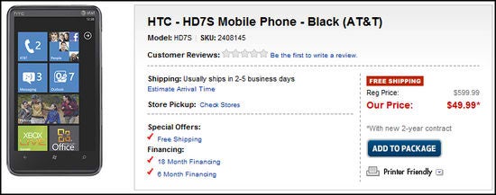 Best Buy jumps at the HTC HD7S by pricing it unbelievably at $50 on-contract