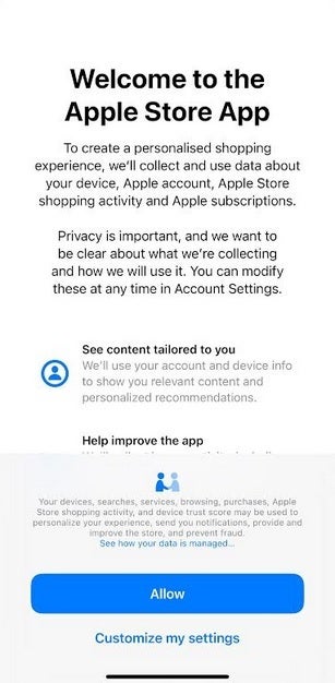 The updated Apple Store app allows you to opt-in so Apple can use personal data to make purchase recommendations. | Image credit-PhoneArena - The often overlooked Apple Store app becomes more useful following update