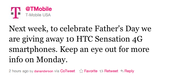 T-Mobile&#039;s tweet revealed that the carrier will give away 10 HTC Sensation 4G phones for Father&#039;s Day - T-Mobile&#039;s Father&#039;s Day gift: Win one of ten HTC Sensation 4G smartphones