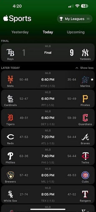 The Apple Sports app showing Monday&#039;s MLB scoreboard. | Image credit-PhoneArena - The Apple Sports scoreboard app receives an update