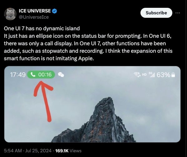 Tipster refutes rumors of Samsung One UI 7 copying the iPhone's Dynamic Island