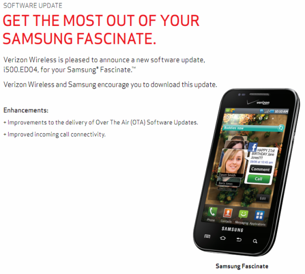 A minor update for the Samsung Fascinate is coming soon - Samsung Fascinate to get minor update