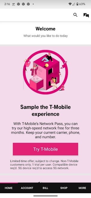 Vous pouvez légitimement obtenir 3 mois de service T-Mobile illimité gratuit via Network Pass sur l'application de l'opérateur. | Crédit image-PhoneArena - Client potentiel de T-Mobile cherchant à 