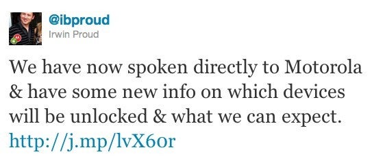 Irwin Proud says that Motorola will be issuing an update to unlock bootloaders as early as Q3 - Tweet claims that Motorola will change its policy on unlocked bootloaders as soon as Q3