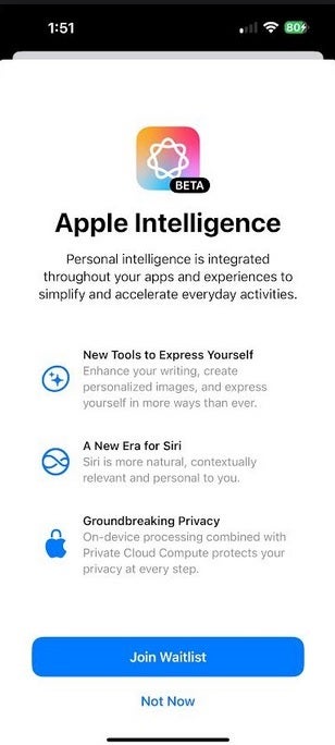 Join the waitlist for the Apple Intelligence Beta in iOS Developer Beta 18.1. | Image credit-PhoneArena - Apple releases updates allowing some iPhone users to join waitlist for Apple Intelligence Beta