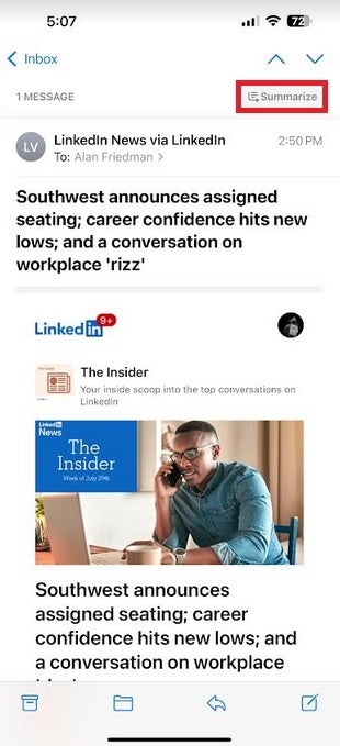 Summarize button appears on email in the native iOS Mail app. | Image credit-PhoneArena - Apple Intelligence Beta arrives on my iPhone in the form of an updated Siri