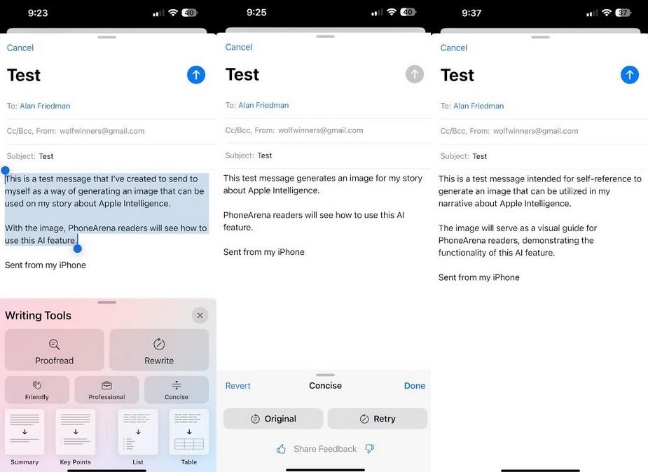 Apple Intelligence edits my email to make it more concise, and then more professional. | Image credit-PhoneArena - Apple Intelligence Beta arrives on my iPhone; here&#039;s what is new